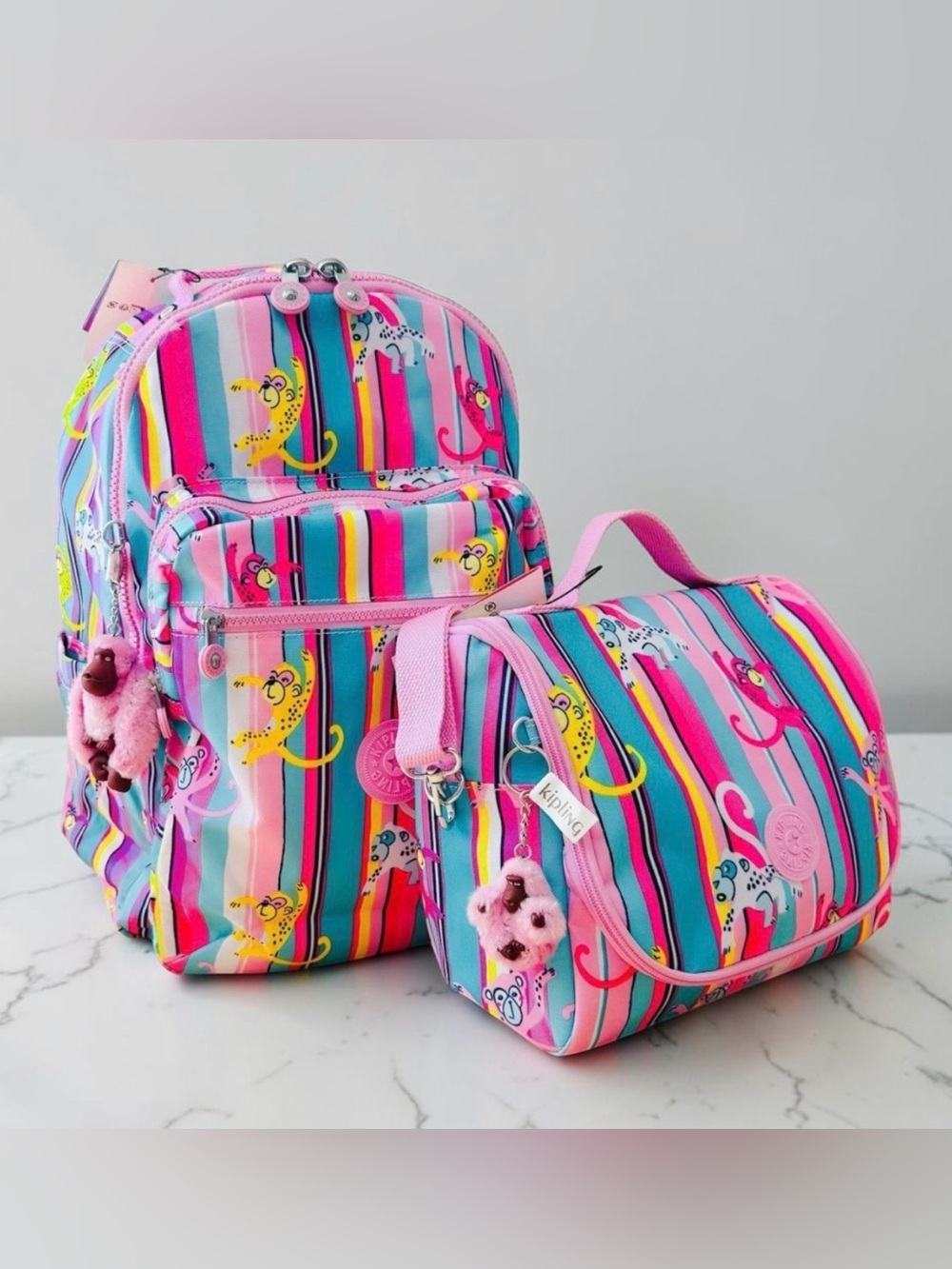 Kipling Seoul Large 15" Laptop Backpack & Kichirou Lunch Bag JUNGLE FRENZY PINK